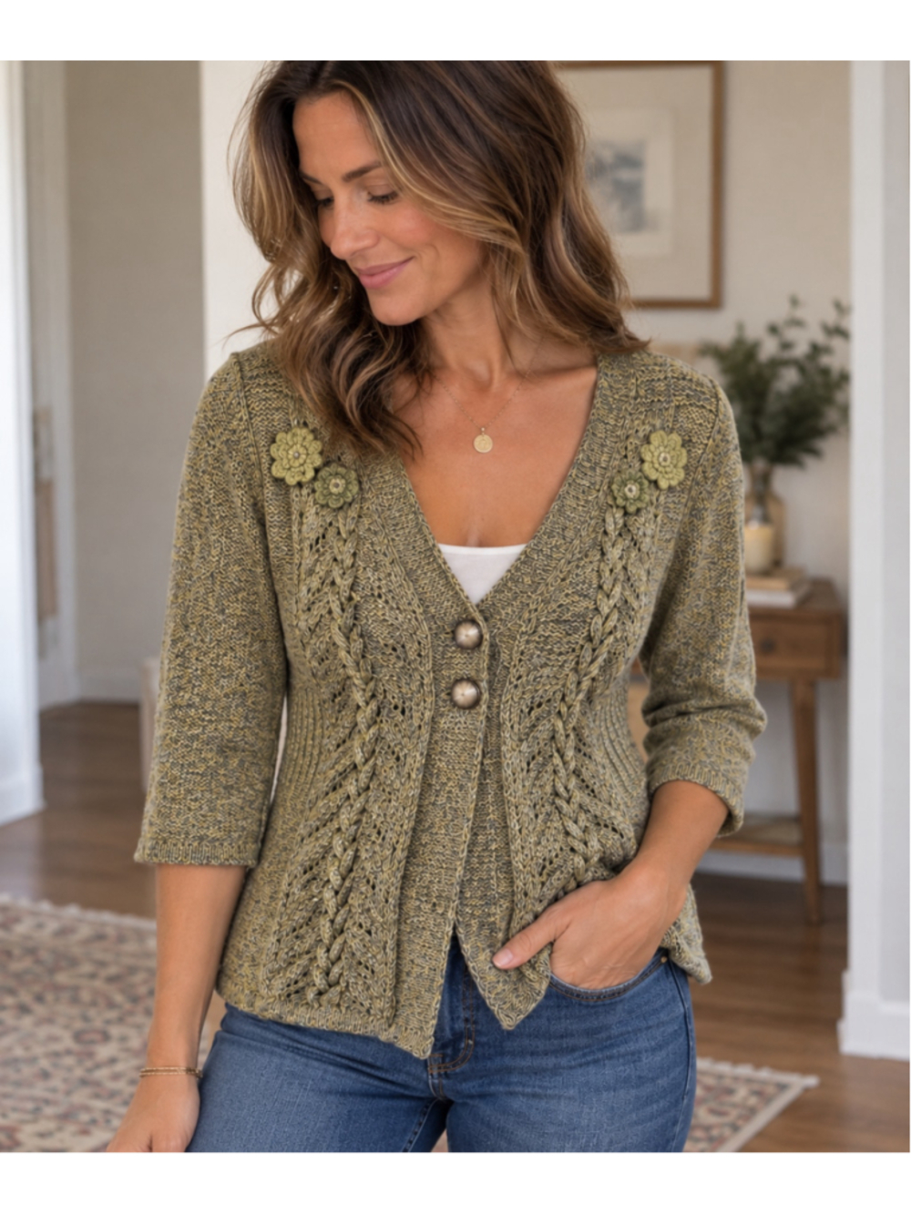 DKNY Jeans Cable Knit Floral Cardigan Sweater Size M
Description:
Beautiful DKN